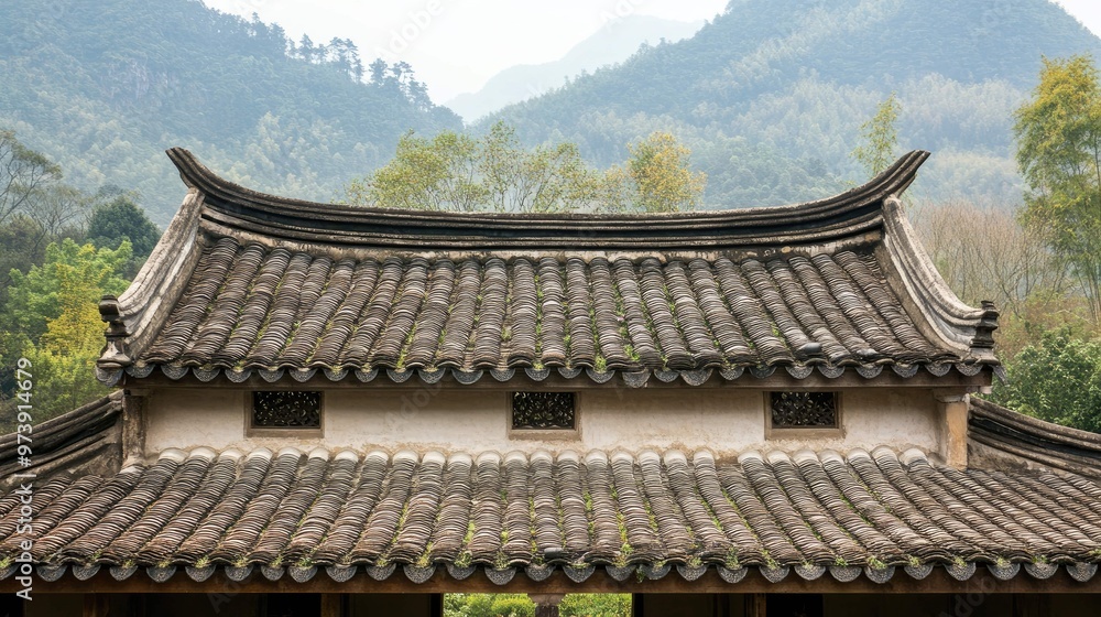 Close-up view of a traditional Chinese tiled roof with curved eaves, against a backdrop of green hills. Close-up view of a traditional Chinese tiled roof with curved eaves, against a backdrop of green hills.