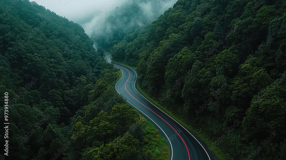 Winding Road Through Lush Green Forest With Fog Winding Road Through Lush Green Forest With Fog