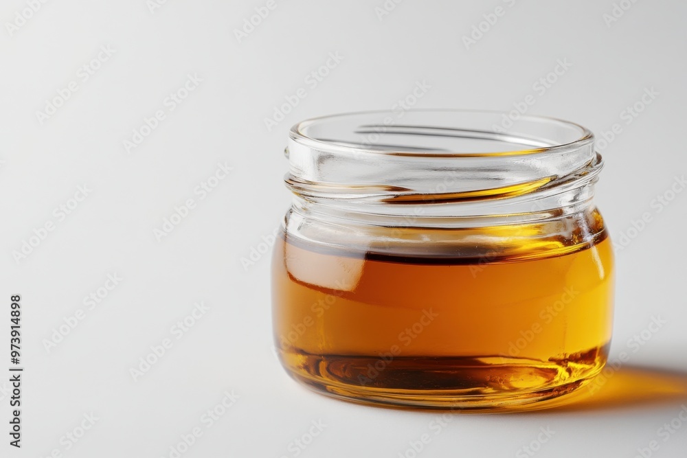 A close-up of a glass jar filled with amber honey, with the lid slightly open and a small pool of honey on the surface, surrounded by a clean, white background for copy space A close-up of a glass jar filled with amber honey, with the lid slightly open and a small pool of honey on the surface, surrounded by a clean, white background for copy space