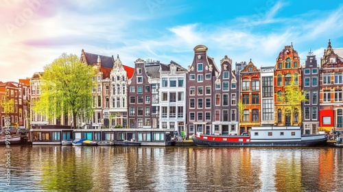 Colorful canal houses line the water's edge in Amsterdam, Netherlands, with a blue sky, sun and trees in the background.