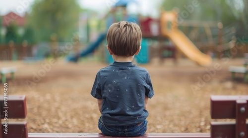 A boy sits quietly by himself on a bench at the playground, observing the empty play structures around him photo