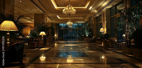 Uniqu and rlaxing atmosphr in a luxury hotl lobby with an adjacnt swimming pool. photo