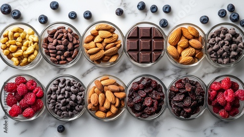 Healthy Snack Food Assortment Almonds Chocolate Chips Dried Fruit Berries in Bowls