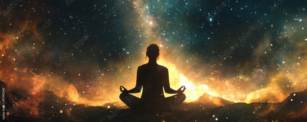 Serene Meditation Under the Starlit Sky - Peaceful Aura Surrounding Meditator in Tranquil Night Scene Serene Meditation Under the Starlit Sky - Peaceful Aura Surrounding Meditator in Tranquil Night Scene