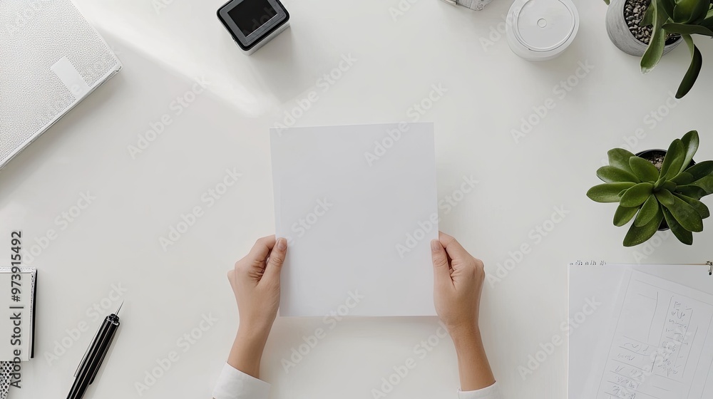 Hands holding a blank white sheet of paper on a white desk with office supplies and plants around. Hands holding a blank white sheet of paper on a white desk with office supplies and plants around.