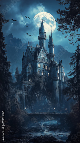 Gothic Haunted Castle Illuminated Under Full Moon in Dark Forest with Mysterious Fog and Bats Flying, Spooky Scenery Perfect for Halloween Themes