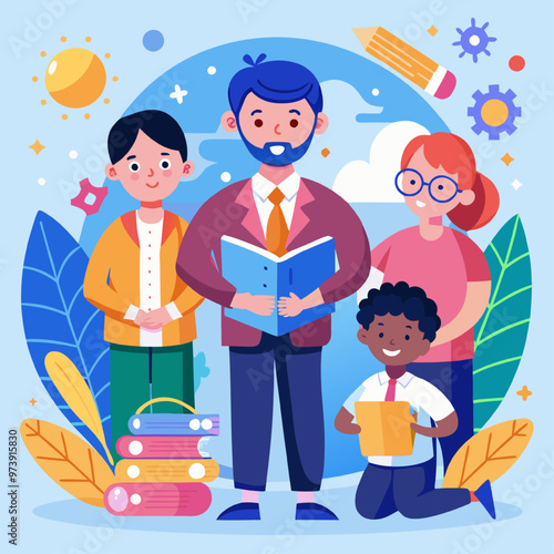 Happy Teacher's Day: A cheerful illustration celebrating teachers and their impact on students' lives, showcasing a diverse group of students and a dedicated teacher holding a book. Perfect for educat