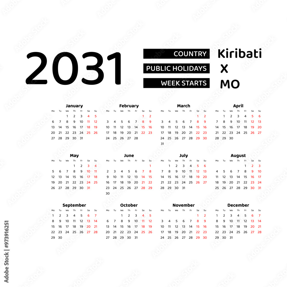 Calendar 2031 English language with Kiribati public holidays. Week starts from Monday. Graphic design vector illustration. Calendar 2031 English language with Kiribati public holidays. Week starts from Monday. Graphic design vector illustration.