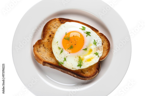 Delicious sunny-side-up egg served on crispy toast, garnished with fresh herbs, presented on a white plate. Perfect breakfast idea.