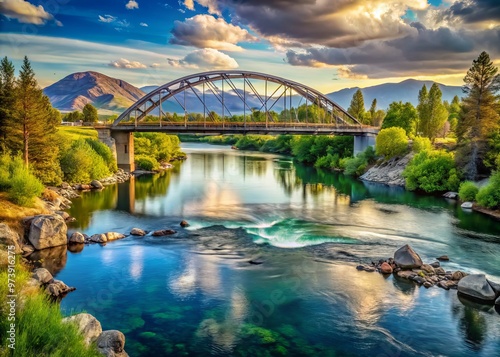 A serene Snake River flows beneath a steel arch bridge in Idaho Falls, surrounded by lush greenery and photo