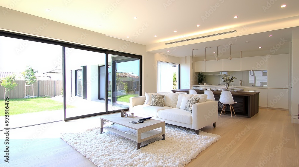 Fototapeta premium Modern Living Room Interior Design with White Sofa Wooden Floor and Large Windows