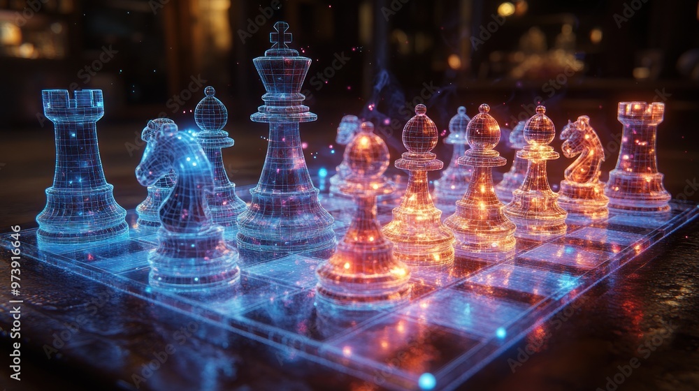 A futuristic chessboard with glowing holographic pieces. A futuristic chessboard with glowing holographic pieces.