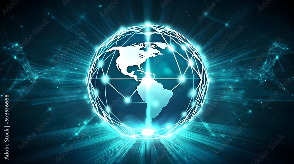 A digital globe illuminated by blue light, representing global connectivity and technology in a vibrant and futuristic style.
