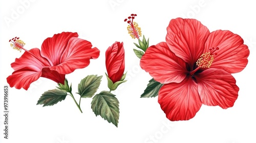 Wallpaper Mural Three red hibiscus flowers with green leaves, one in bloom and two in bud, isolated on a white background. Torontodigital.ca