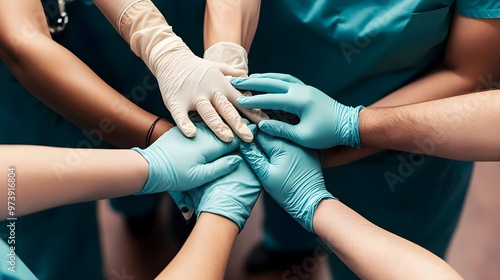 A diverse group of healthcare professionals joining hands in solidarity, showcasing teamwork and commitment to patient care.