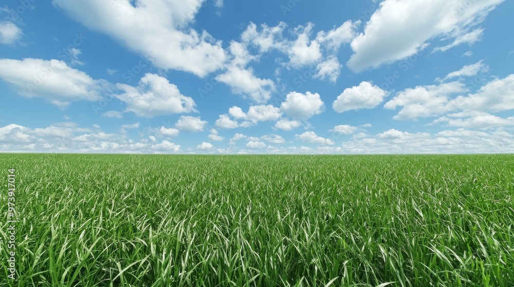 Lush Green Grass Field with Blue Sky and White Clouds Lush Green Grass Field with Blue Sky and White Clouds