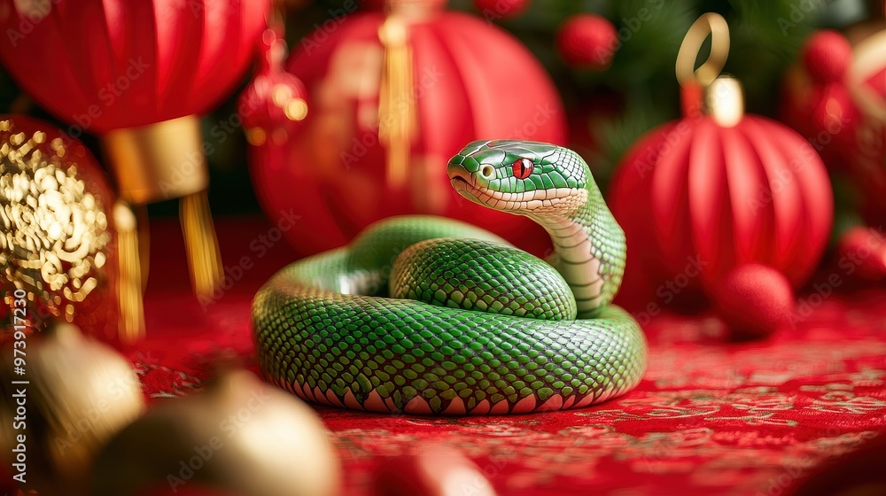 Green Snake on Red Chinese New Year Ornaments Green Snake on Red Chinese New Year Ornaments