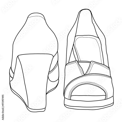 Women's Classic Wedge Sandal Line art,Technical sketch hand drawing outline vector doodle illustration front and rear view isolated on white background