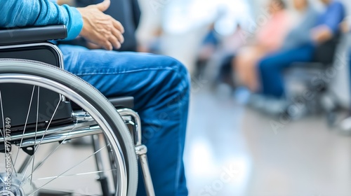 A focused view of a person in a wheelchair, showcasing mobility aids in a waiting area with blurred background figures.