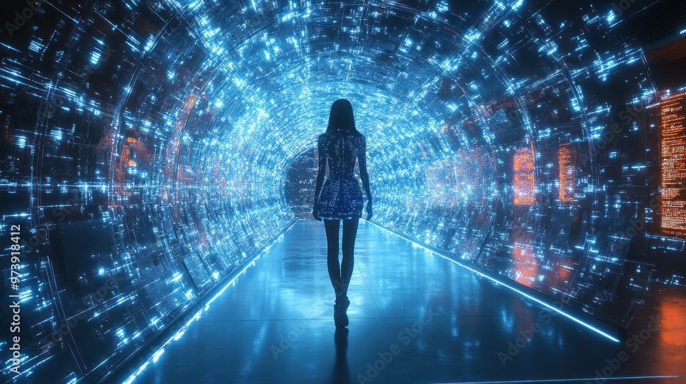 A figure walks through a futuristic, illuminated tunnel. A figure walks through a futuristic, illuminated tunnel.
