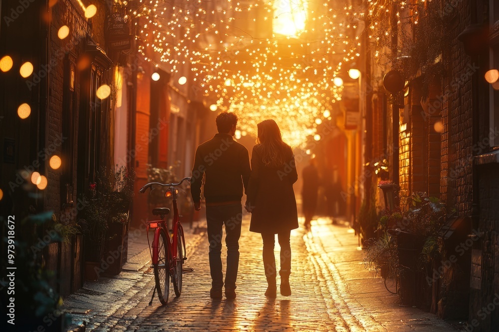 A couple walks hand in hand through a charming alley. The warm glow of lights creates a romantic atmosphere. Perfect for love stories. Generative AI A couple walks hand in hand through a charming alley. The warm glow of lights creates a romantic atmosphere. Perfect for love stories. Generative AI