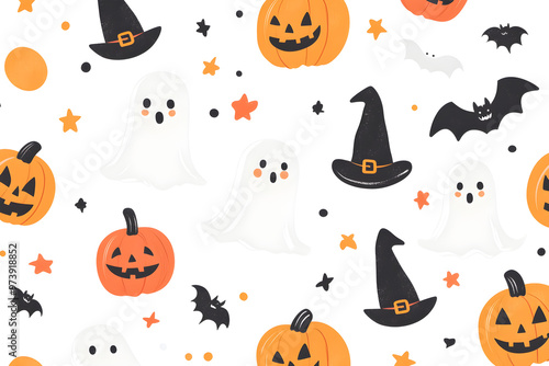 Charming Two-Color Halloween Cartoon Pattern with Friendly Ghosts, Pumpkins, Bats, and Witches' Hats