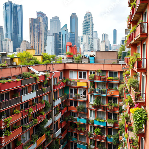 Vibrant apartment building courtyard with colorful balconies and city skyline