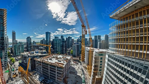 A panoramic view of a construction site with cranes and city skyline in the background.