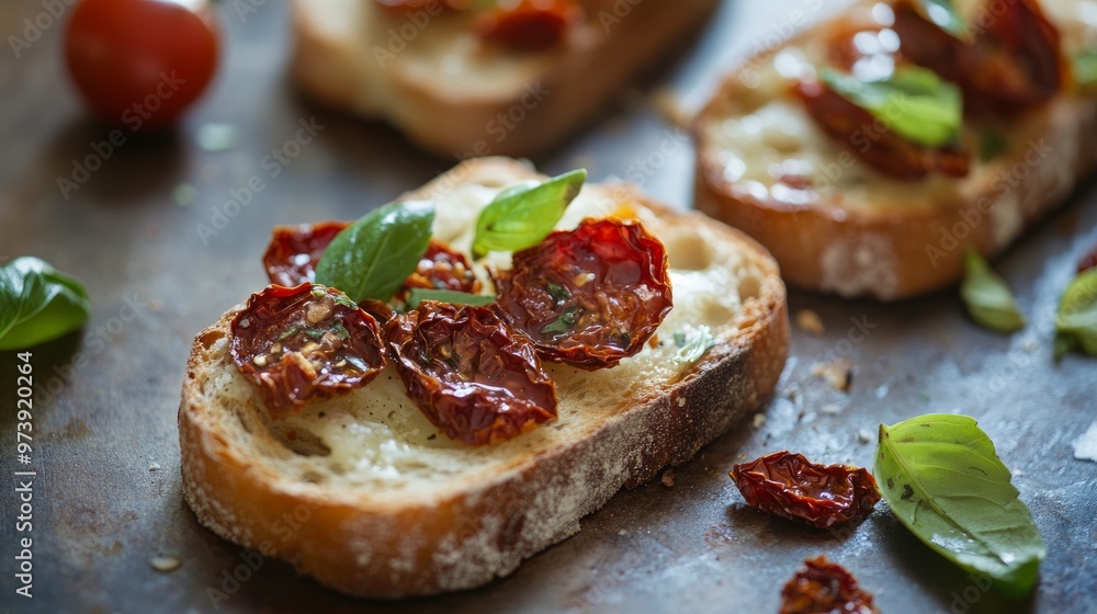 Basil and half-dried tomatoes on a bruschetta
Basil and half-dried tomatoes on a bruschetta