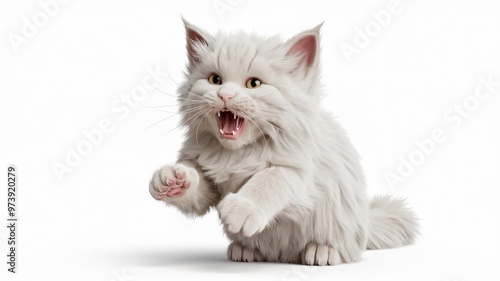 Playful White Kitten with Open Mouth and Paw Up