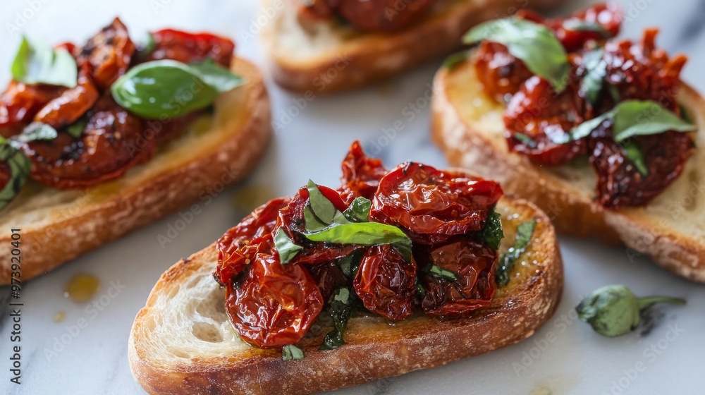 Basil and half-dried tomatoes on a bruschetta
Basil and half-dried tomatoes on a bruschetta