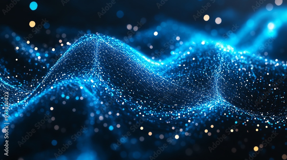 Abstract blue glowing particles forming waves on a dark background. Abstract blue glowing particles forming waves on a dark background.