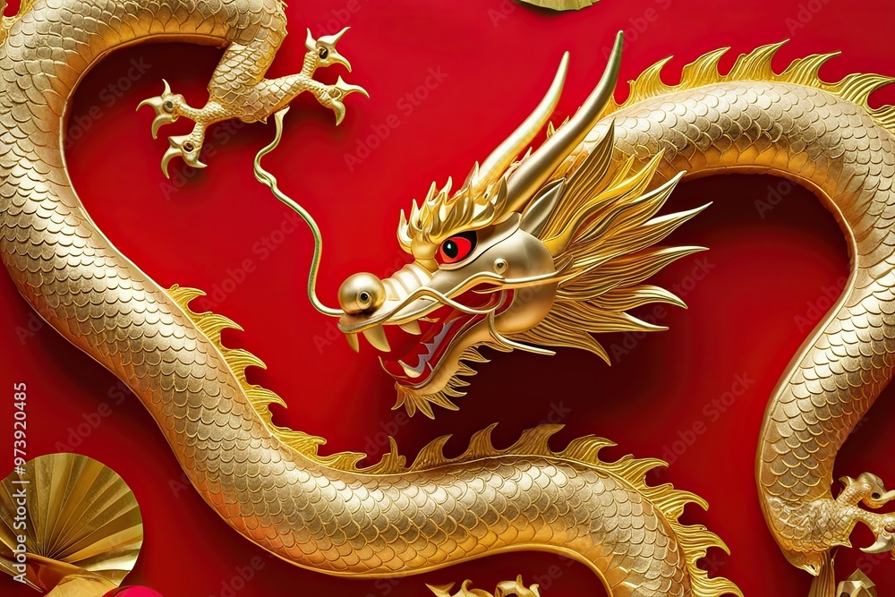 Obraz premium Golden Chinese Dragon on Red Background for Celebration and Decoration