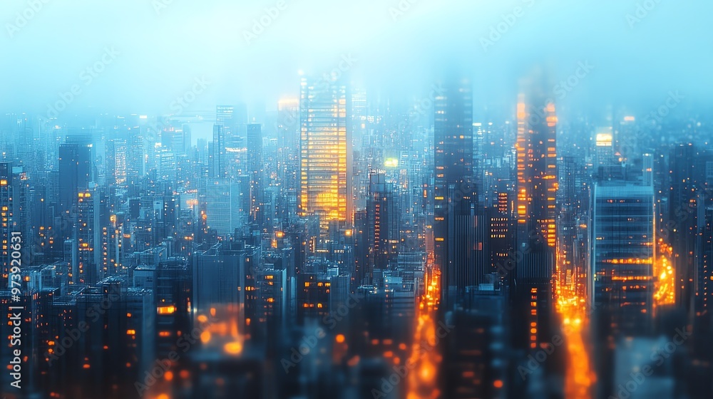 Obraz premium A misty city skyline at night, with glowing lights illuminating the tall buildings.