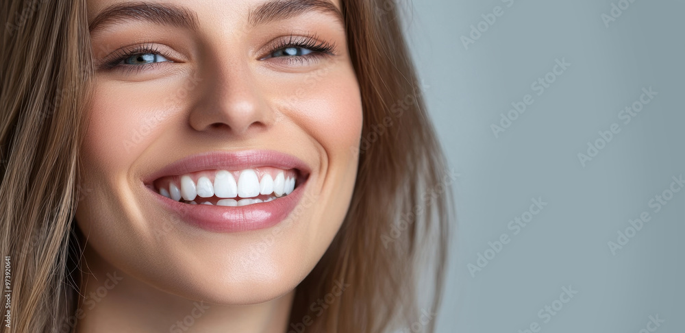 Close-up of a smiling woman with perfect white teeth, in a natural setting. Focus on dental health and beauty. Concept of oral hygiene and confidence Close-up of a smiling woman with perfect white teeth, in a natural setting. Focus on dental health and beauty. Concept of oral hygiene and confidence