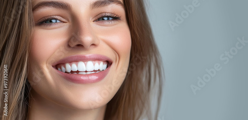 Close-up of a smiling woman with perfect white teeth, in a natural setting. Focus on dental health and beauty. Concept of oral hygiene and confidence