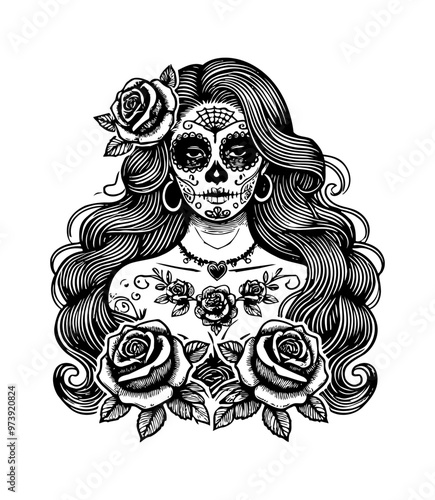 day of the dead woman engraving black and white outline