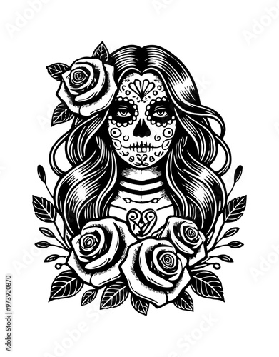 day of the dead woman engraving black and white outline