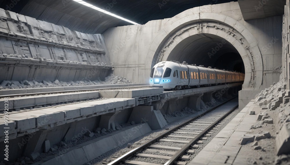 Obraz premium Modern High Speed Train Emerging From Tunnel
