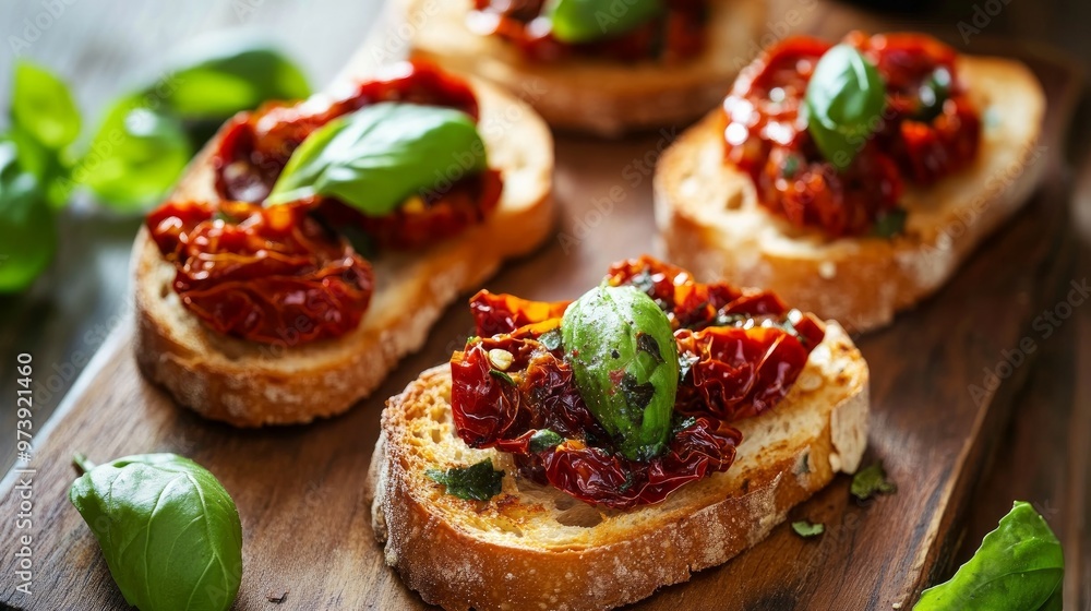 Basil and half-dried tomatoes on a bruschetta
Basil and half-dried tomatoes on a bruschetta