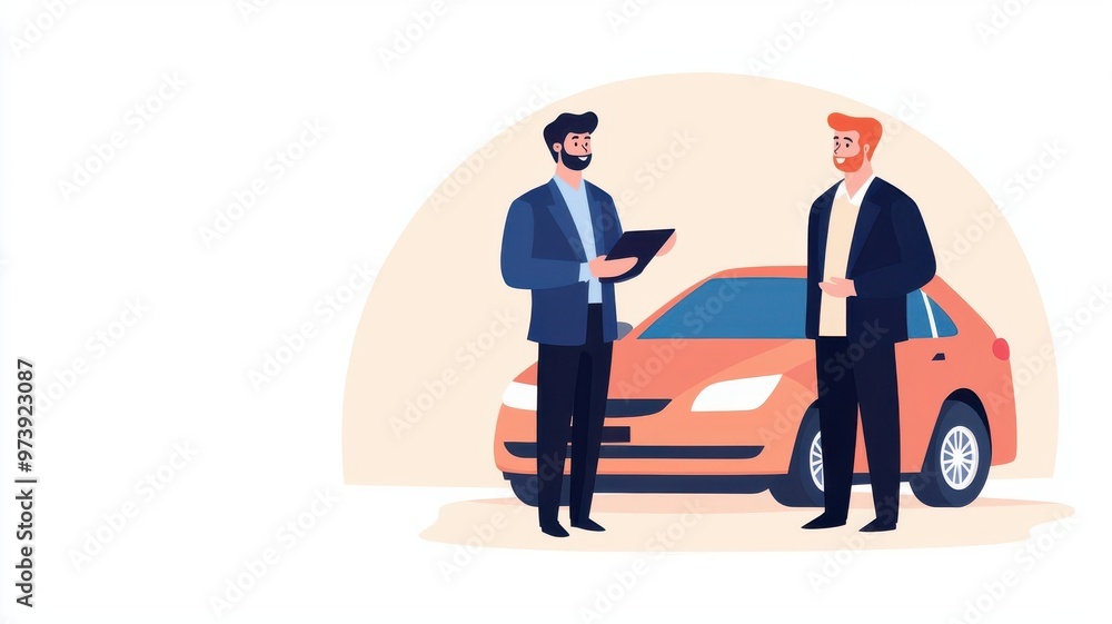 Obraz premium Agent explaining car insurance policy benefits, customer interaction, flat design illustration