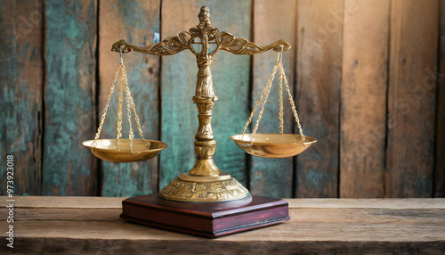 A close-up of the judge's scales of justice inside a vintage wooden frame, with the rustic wooden background adding a sense of depth and timelessness to the scene. photo