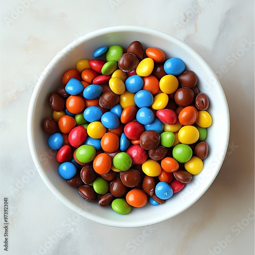 A bowl of mixed candy coated chocolates in a rainbow of colors photo