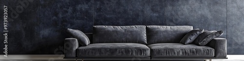 Sophisticatd spac with a dark gry sofa and clan, modrn lins. photo