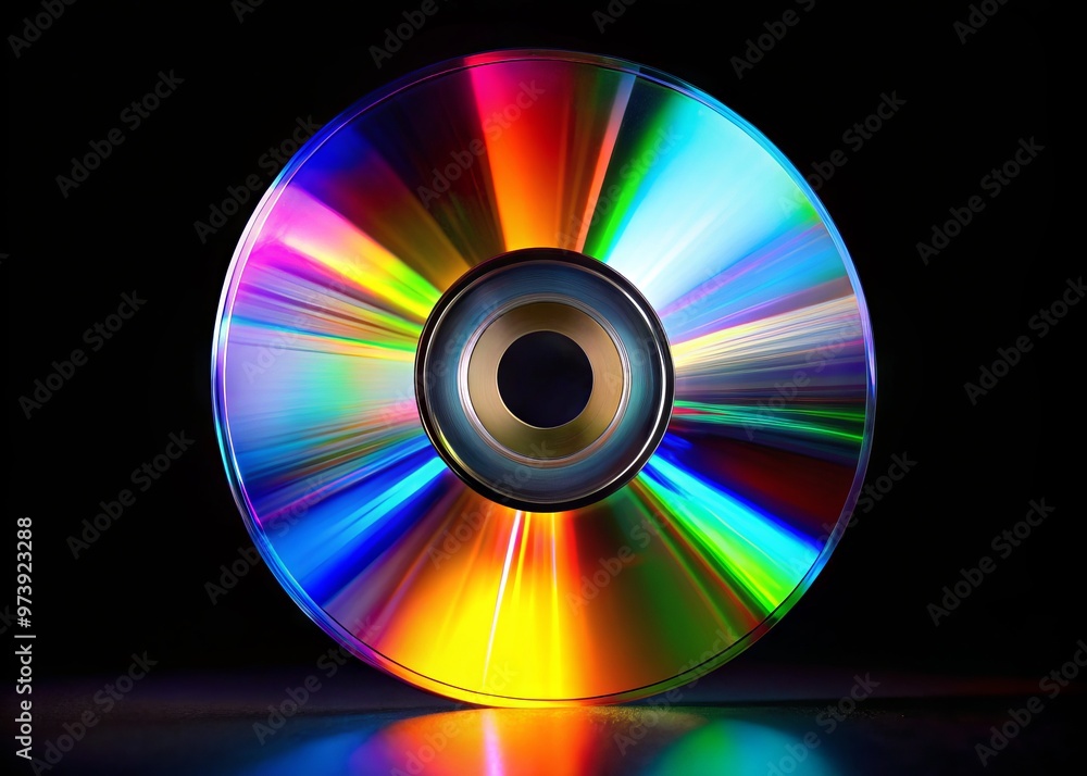 A shiny new compact disc lies on a sleek black background, its reflective surface showcasing a vibrant abstract A shiny new compact disc lies on a sleek black background, its reflective surface showcasing a vibrant abstract