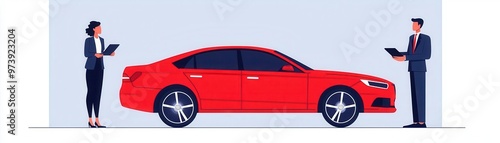 Car insurance policy explanation, agent and client meeting, flat design illustration