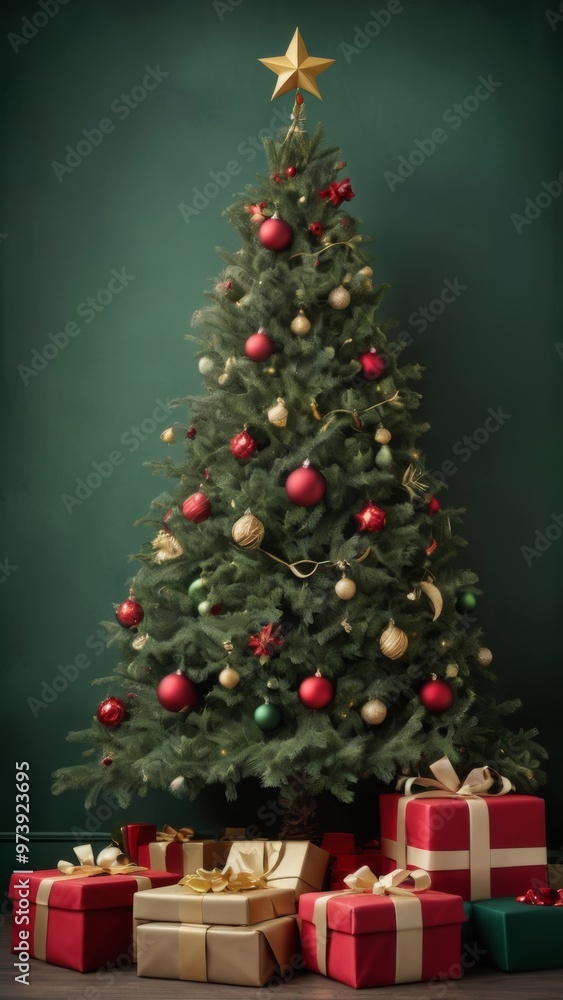 Elegant Christmas tree with gifts on matte background for stylish holiday cards Elegant Christmas tree with gifts on matte background for stylish holiday cards