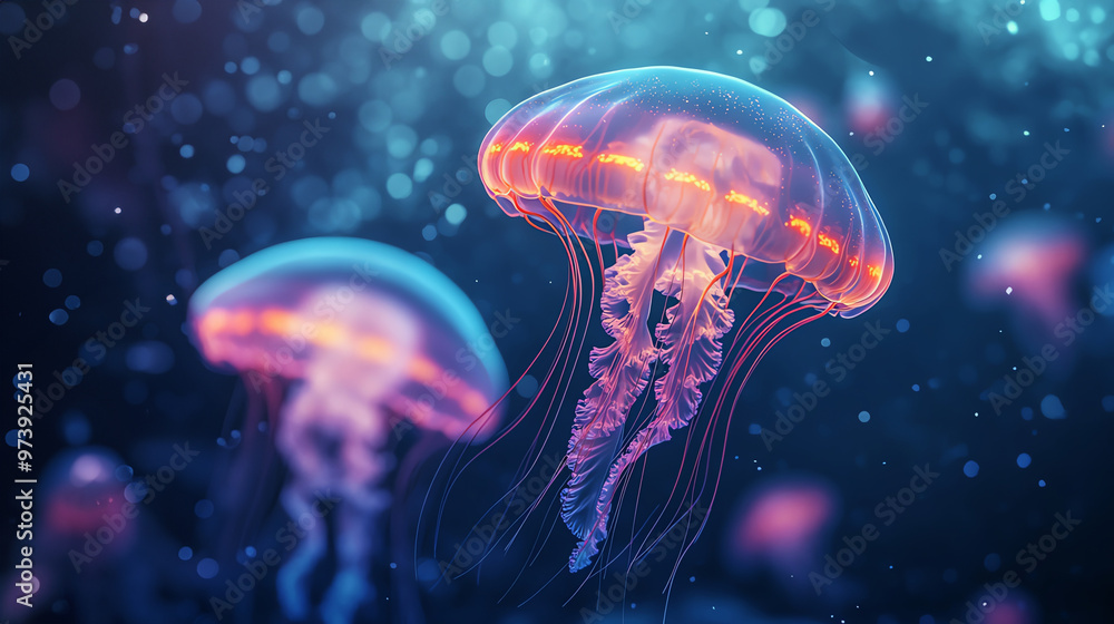 Glowing jellyfish in deep blue ocean, illuminating their surroundings, underwater glowtime, captivating and surreal marine life Glowing jellyfish in deep blue ocean, illuminating their surroundings, underwater glowtime, captivating and surreal marine life
