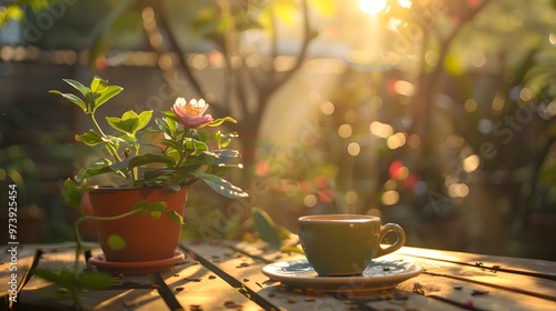 Morning tranquility in a Zen garden, a single coffee cup and a flower pot on a table, illuminated by the rising sun