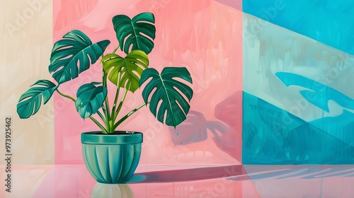 Oil painting, monstera plant in green pot, blue and pink stripes on the sides of the picture